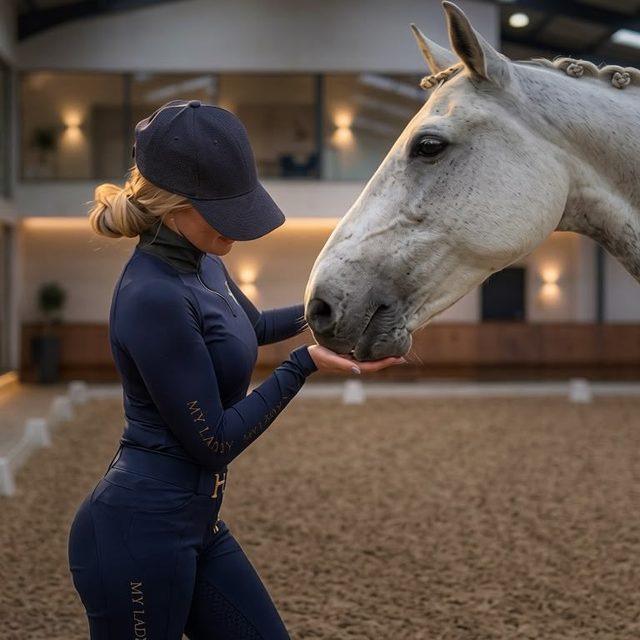 Rider greeting a grey horse in an indoor arena